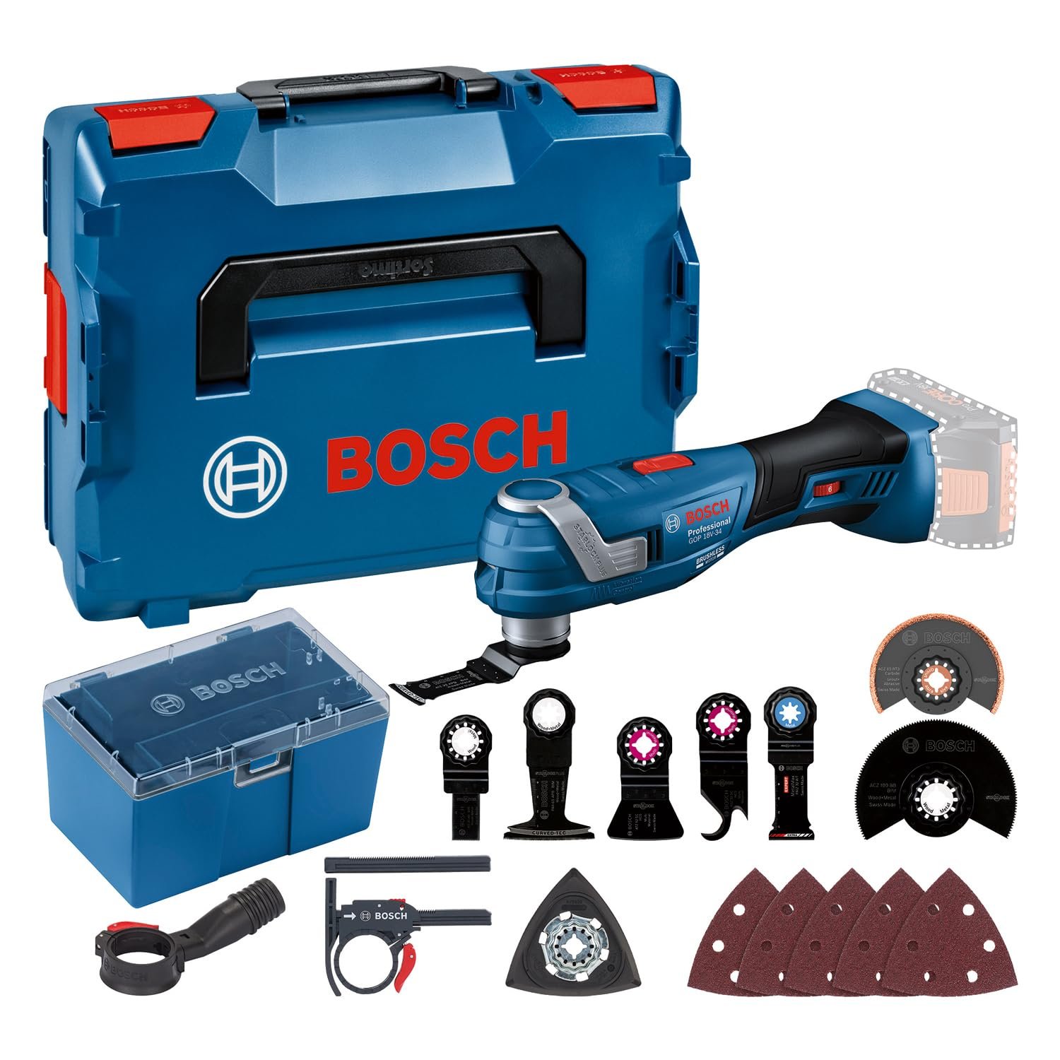 Bosch Professional 18V System Akku Multi-Cutter GOP 18V-34 (Vibration Control, inkl. mehrere Sägeblätter, 1x Schleifplatte, 5x Schleifblatt, 5x Zubehör, L-BOXX, ohne Akku/ Ladegerät) Bosch Professional 18V System Akku Multi-Cutter GOP 18V-34 (Vibration Control, inkl. mehrere Sägeblätter, 1x Schleifplatte, 5x Schleifblatt, 5x Zubehör, L-BOXX, ohne Akku/ Ladegerät)