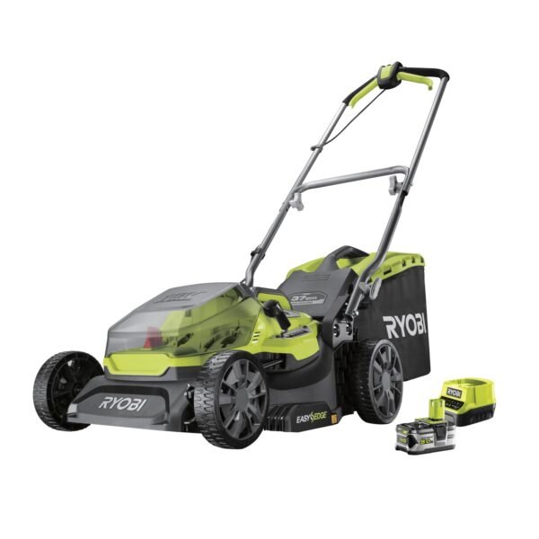 RYOBI 18 V ONE+ Akku-Rasenmäher RY18LMX37A-150, 37 cm Schnittbreite, bürstenloser Motor, inkl. 1 x 5,0Ah Akku & Ladegerät, für Rasenflächen bis 350 m²