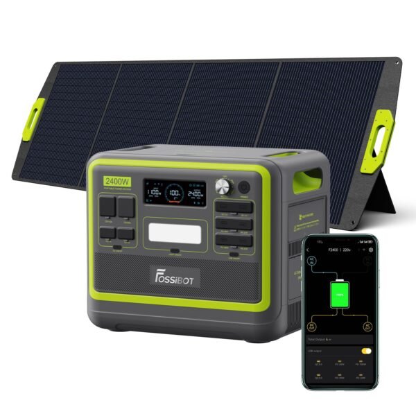 FOSSiBOT F2400 Powerstation mit 200W Solarpanel faltbar, Solargenerator 2048Wh LiFePO4 Batterie 230V 2400W 3AC Ausgängen, USV‑Funktion