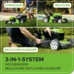 Greenworks Selbstfahrender Akku Rasenmäher 48V (24V x 2) bis zu 480m², 46cm Schnittbreite, 55L Sack Rasenmäher Elektro Plus Zwei 4Ah-Akkus und Doppelladegerät,3 Jahre Garantie,GD24X2LM46SPK4X